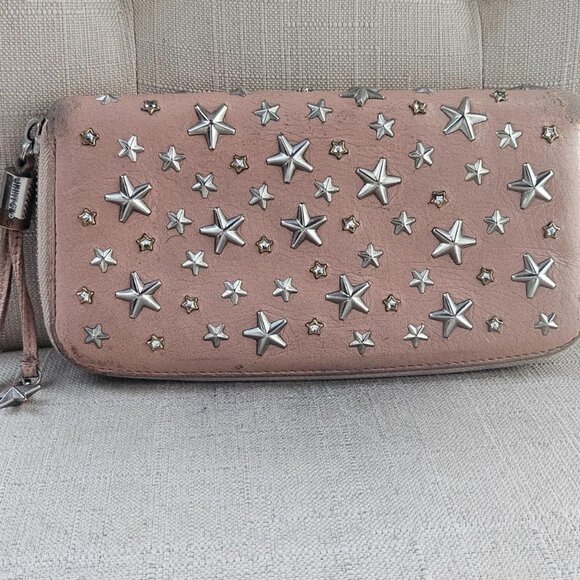 Jimmy Choo Clutch Nellie Star Studded Leather Zip Around Long Wallet Made Italy - Picture 1 of 12